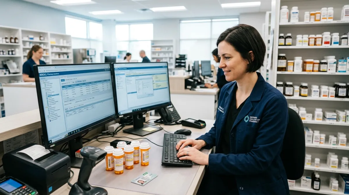 Canadian pharmacy assistant entering Ontario Drug Benefit claim in Kroll dispensary workstation